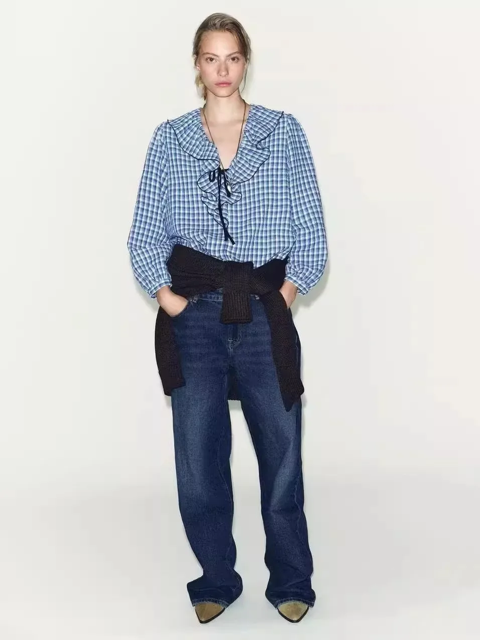 

Trendy Faionable Plaid irt Layered Decoration Ele Autumn New Women's Clothing European Sle Loose Fit Long Sve V-...