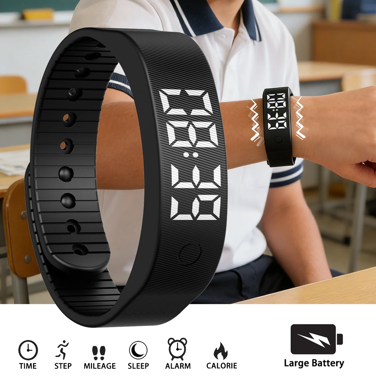 

Смарт-браслет с LED-дисплеем и функцией умных часов, монитором температуры тела, водонепроницаемый, с вибрационным будильником и напоминаниями