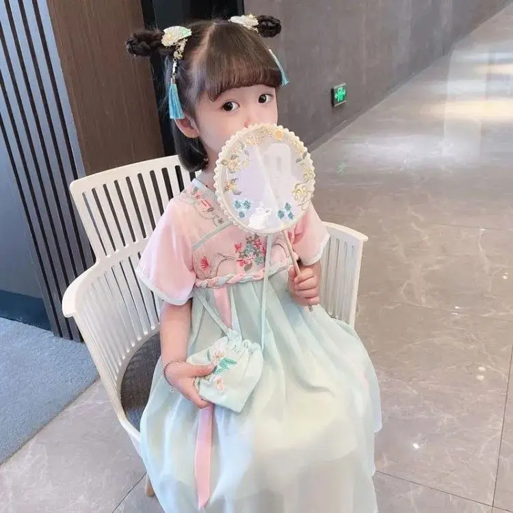 New Japanese and Korean Hanfu Children\'s Dress Thin Short Sleeve Princess Dress Tang Baby Super Fairy Chinoiserie Children\'s Sum