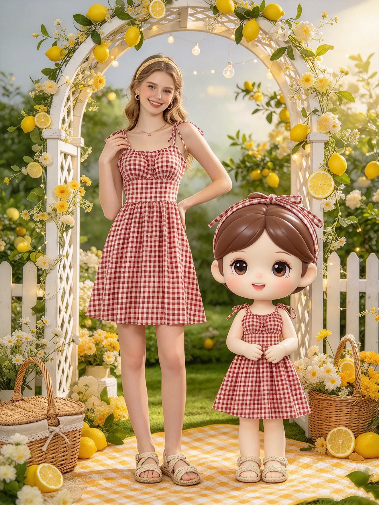 Teenagers' Strapless round Neck Sleeveless Dress Checkered Pattern with Suspender Straps Long Skirt Waist Children's Clothing