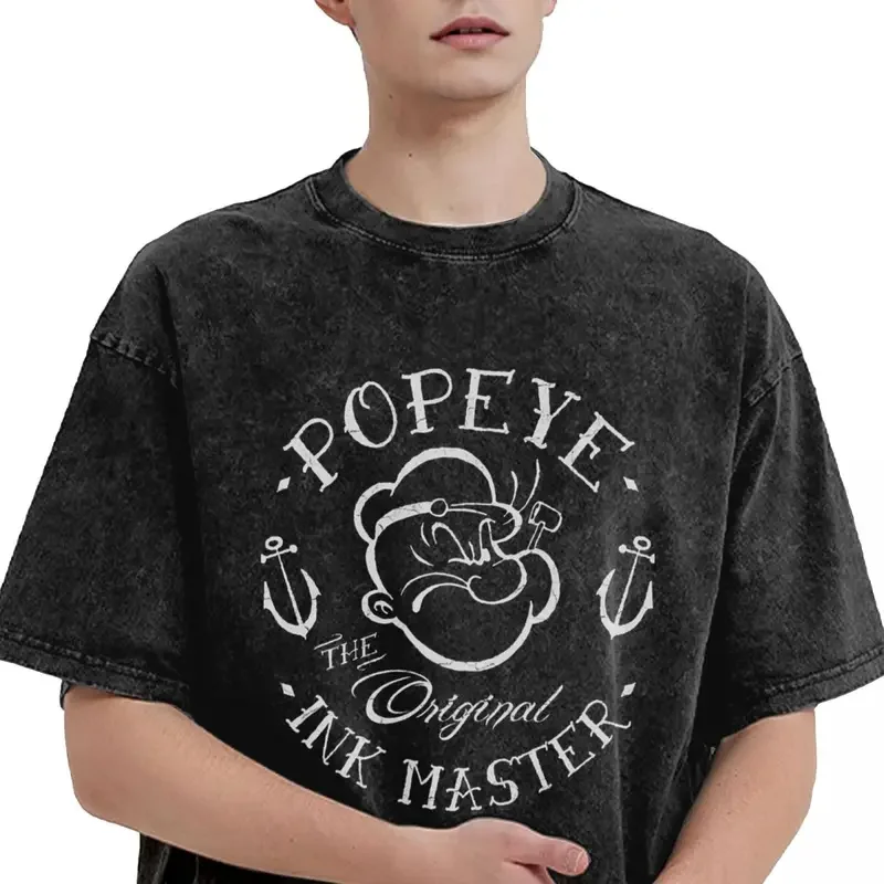 T-shirt mestra lavada Popeyes Ink para homens e mulheres, Hip Hop, vintage, extragrande, streetwear dos desenhos animados, 100% algodão, verão