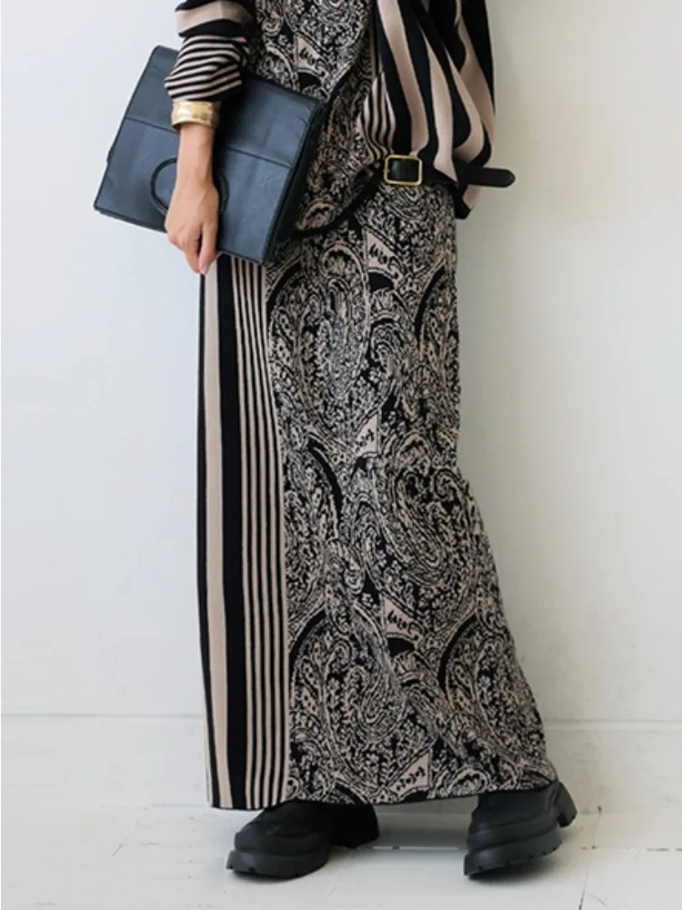 

Beautyblue Элегантная вязаная полосатая юбка Осень-зима Свободная трапеция с карманами на колонне Трендовые модные женские длинные юбки с высокой талией