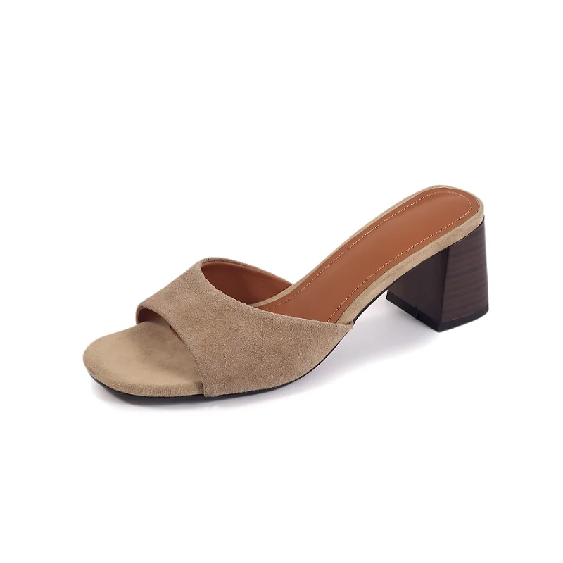 

Summer Sandals Women Concise Style Slippers Sheepsuede Sandals for Girls Square Heel Elegant Dress Party Wedding Sandalias