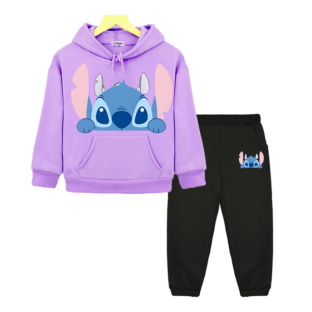 

Stitch Disney 2pcs Anime hoodie pullover+pants kids boutique clothes disney boy girl Hooded Sets Casual sweatshirt Fleece Jacket