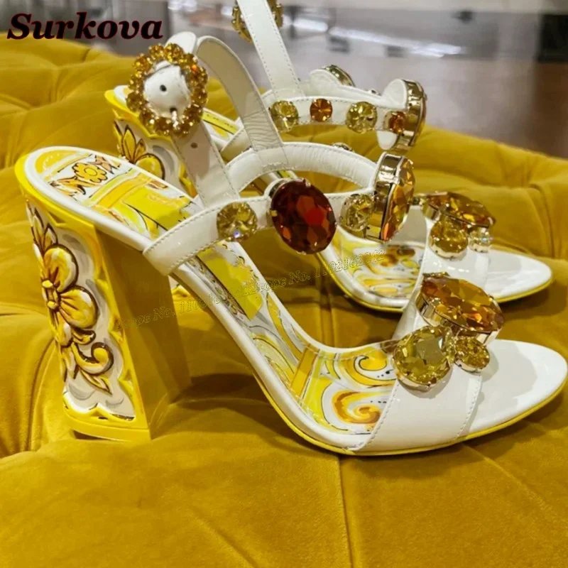 New Summer Gemstone Thick Heel Printed Beach Sandals Women\'S Retro Rhinestone Crystal Open Toe Fashion Banquet Dress Sandals 43