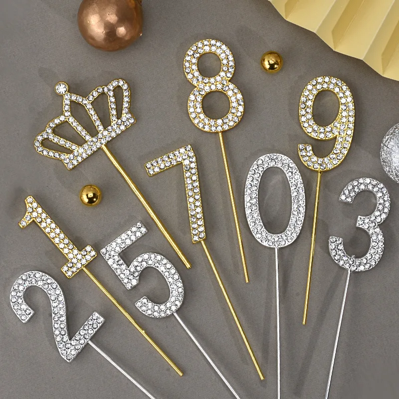 Glitter Rhinestone Number Cake Toppers Gold Silver 0-9 Digital Birthday Cake Decoration For Wedding Party Decoration Baby Shower