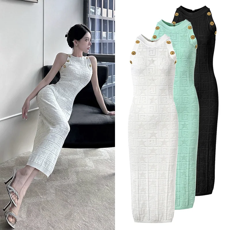 New 2024 Summer High Quality Women Knit Sleeveless Maxi Dress O-Neck Slim Fit A-Line Elegant High Street Chic Stunning Fashion