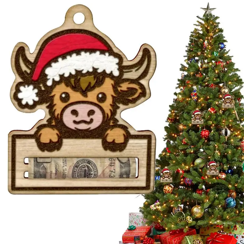 New Year Money Cards For Cash Highland Cattle Placing Money Dispenser For Christ Wooden Christmas Tree Wallet Ornament For