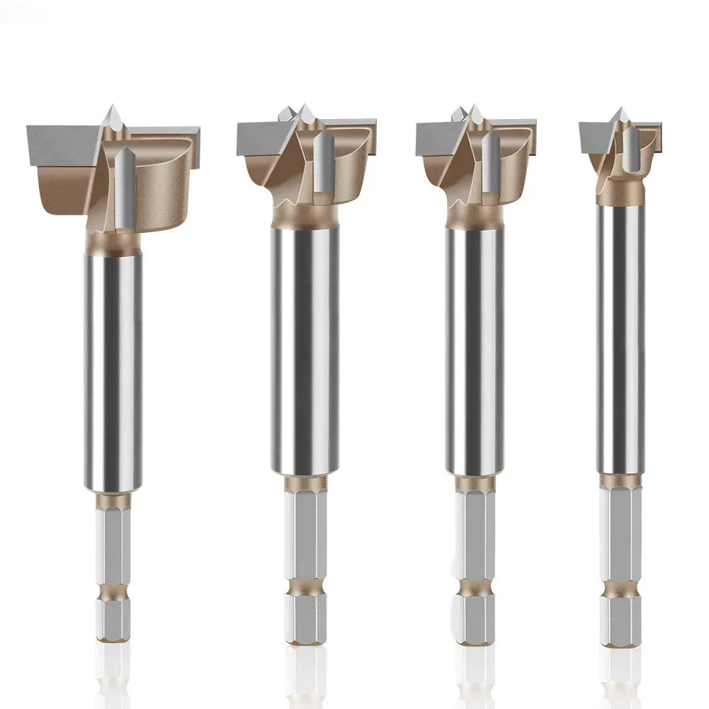 10mm to 50mm Professional Hexagonal Shank Woodworking Hinge Boring Bit Tungsten Carbide Blade Three-Tooth Double Blade Design