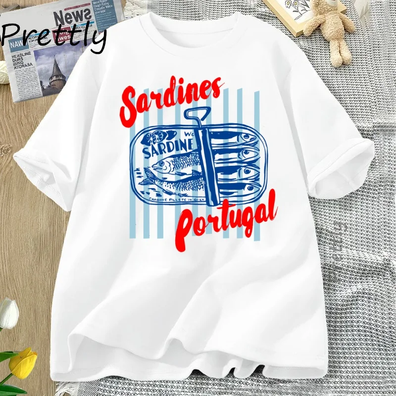 

Футболка Sardines Fish Market, футболка из Португалии, винтажная футболка с изображением рыбы, футболка с прибрежным рисунком, круглый вырез, короткий рукав, женская одежда, топы