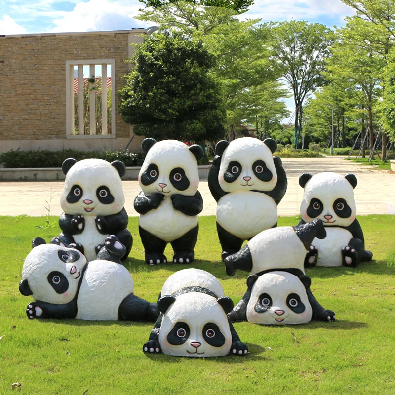 Cartoon Panda Statue Fiberglass Outdoor Animal Sculpture for Kindergarten Sales Office Residential Community Garden Lawn Decor