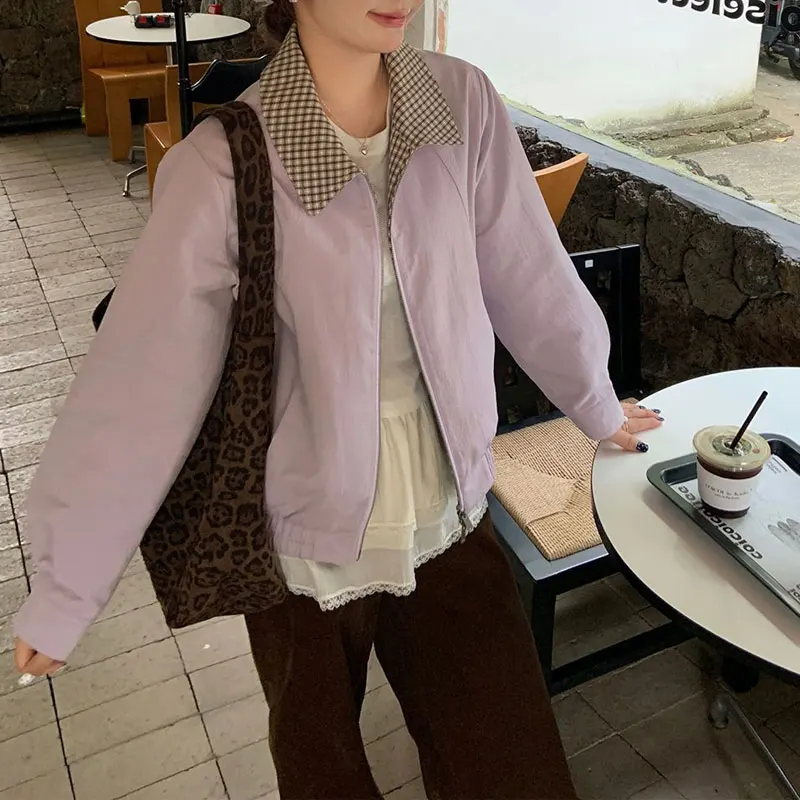 Women Reversible Short Plaid Contrast Collar Zip Up Long Sleeve Spring Autumn Two Wear Solid Gingham Casual Cropped Coat