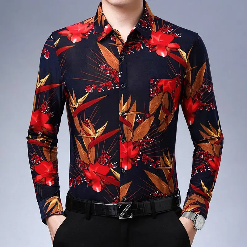 

Y2k Fashion Men Vintage Flower Shirt Spring Autumn Thin Long Sleeve Streetwear Male New Korean Casual Pocket Loose Business Tops