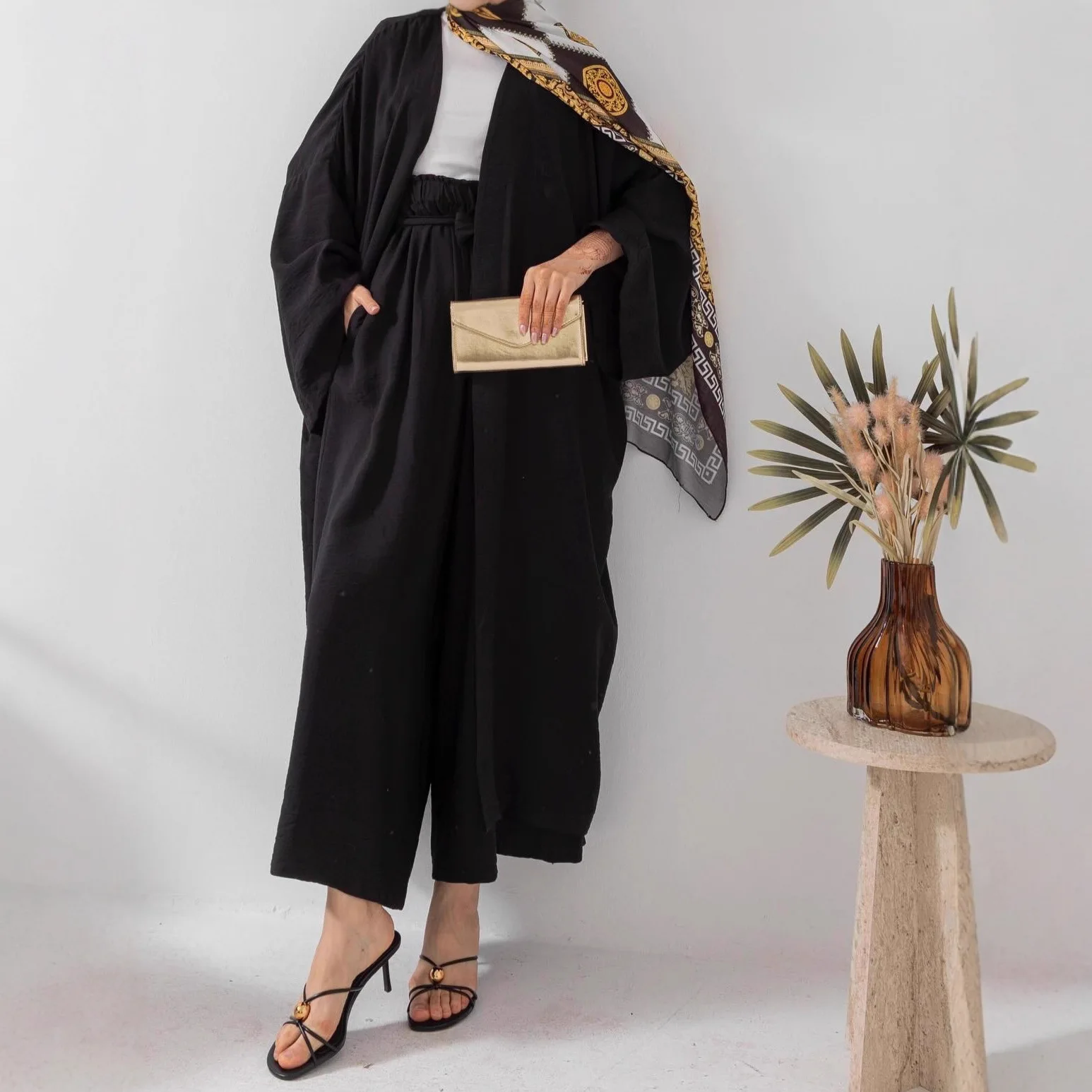 Abito Eid Cardigan Pantaloni a gamba larga Donna Set da 2 pezzi Pantaloni lunghi musulmani Dubai Ensemble Abiti modesti Marocco Ramadan