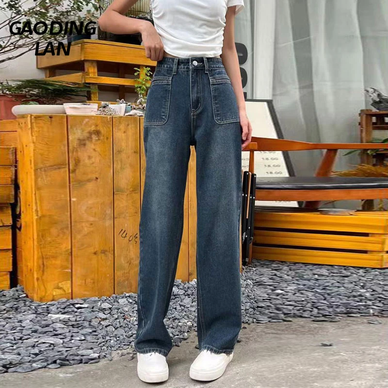 GAODINGLAN High Waist Dark Blue Jeans Women Loose Wide Leg Long Denim Pants Trend Big Pocket Y2k Street Wear Mop Trousers Ladies