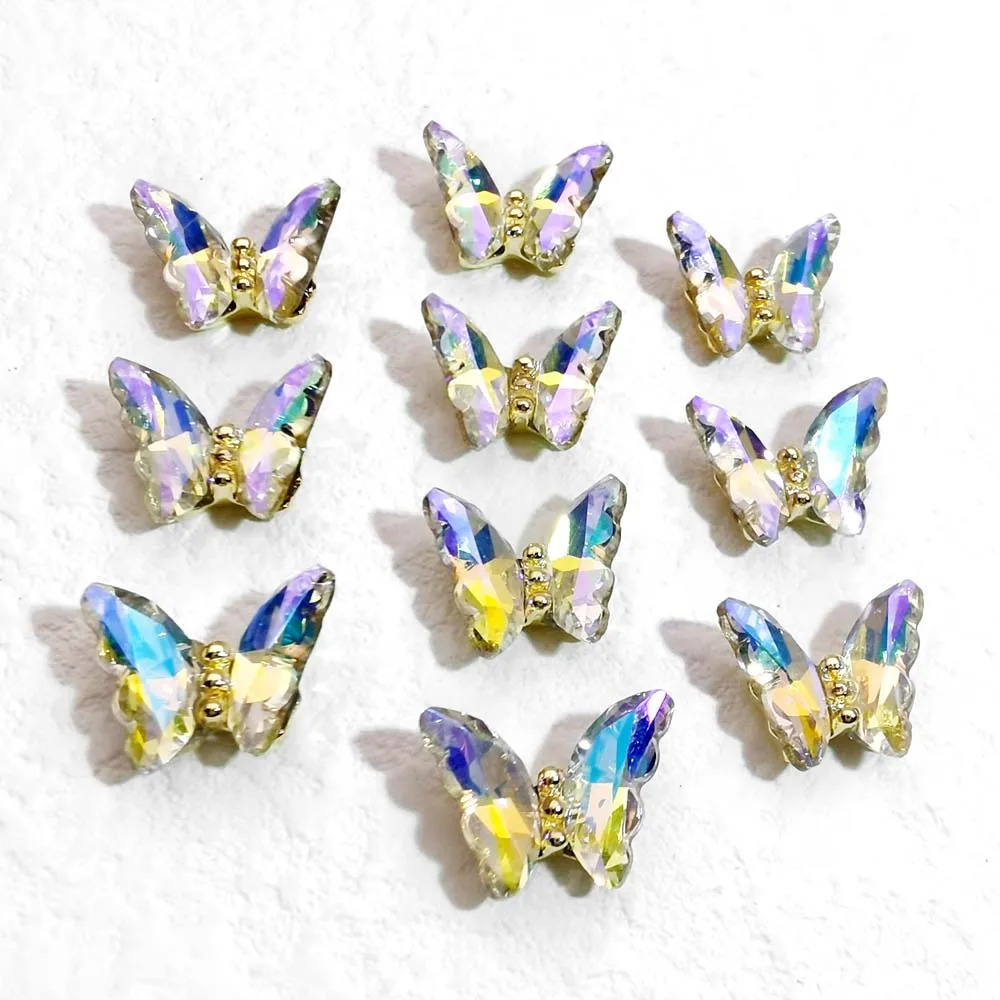 

3D Butterfly Alloy Nail Charms 10Pcs/lot Iridescent Aurora 10*12m Crystal Glass Rhinestones Clear Pink Nail Accessories Jewelry