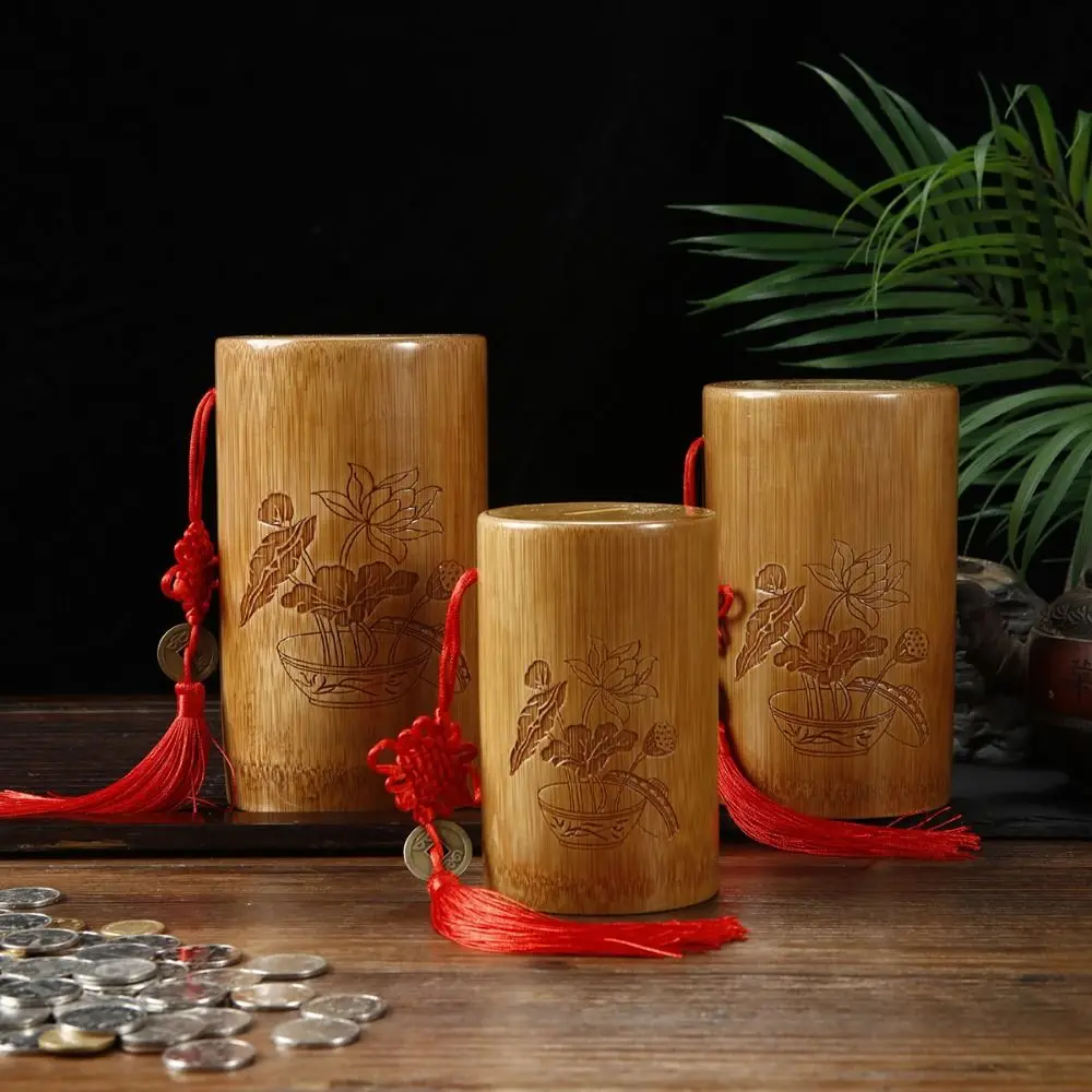 Anti-fall Bamboo Piggy Bank Odorless With Chinese Knot Cylinder Shaped Storage Can Eco-friendly Savings Tank Ornaments