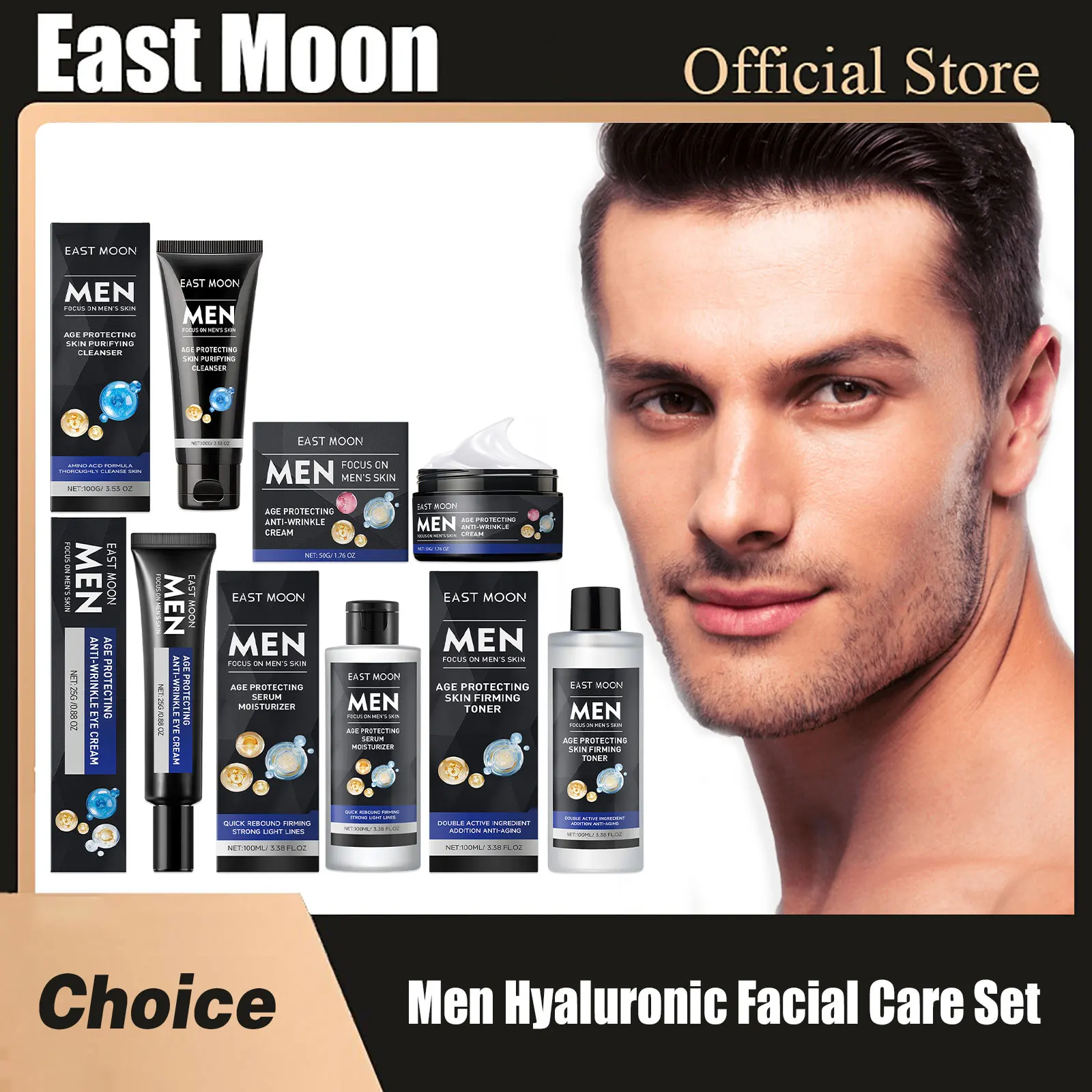 

East Moon Hyaluronic Acid Facial Care Set Oil Control Skin Firming Increase Hydrate Deep Cleaning Face Moisturizer Cream for Men