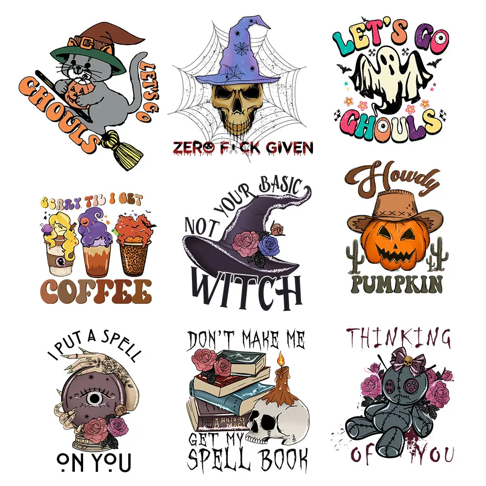 Halloween Witch Boo Thermal Stickers On Clothes Patches DIY Washable T-Shirt Heat Transfer Spooky Coffee Clothes Decals Deco