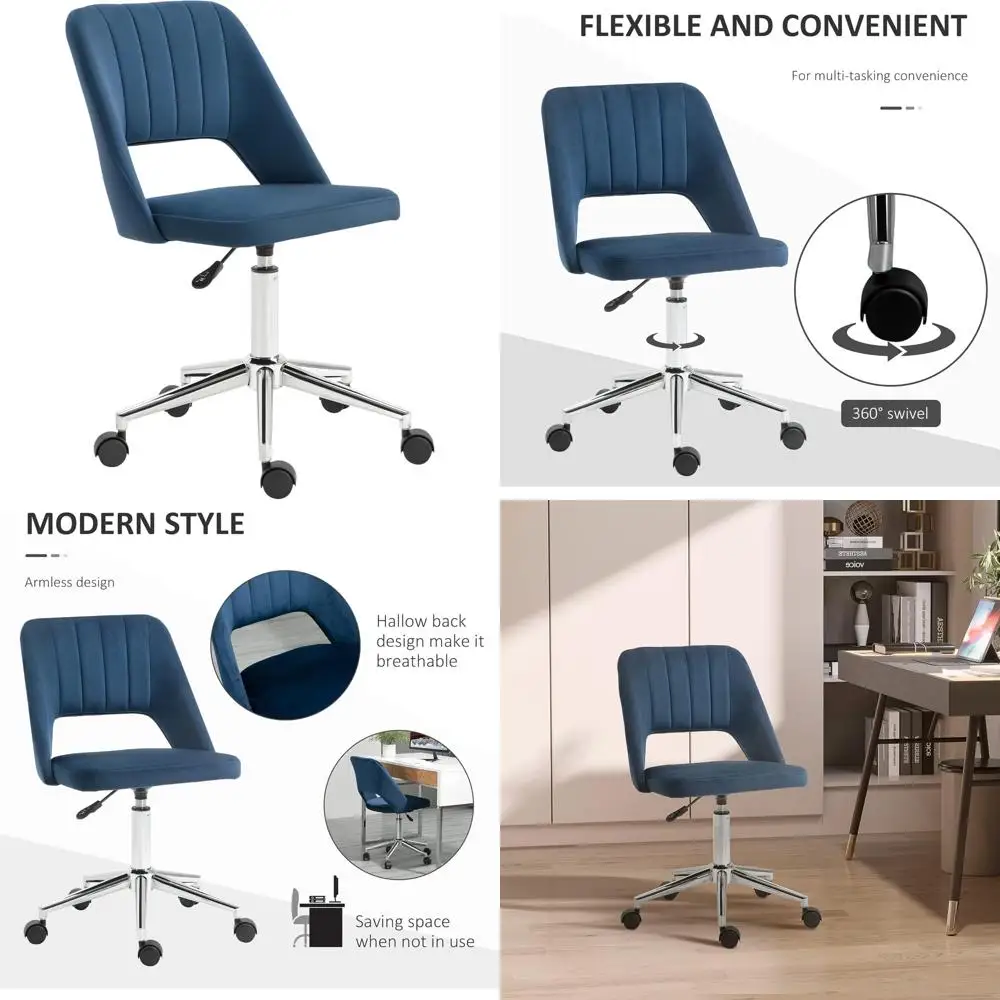 

Modern Velvet Fabric Mid Back Swivel Armless Desk Chair with Hollow Back Design for Home Office Use