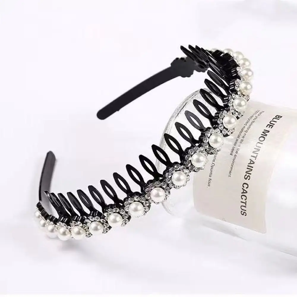 Elegant with Gear Wash Face Geometric Shape Rhinestones Pearl Headband Female Hairbands Flower Hair Hoop Korean Style Headwear