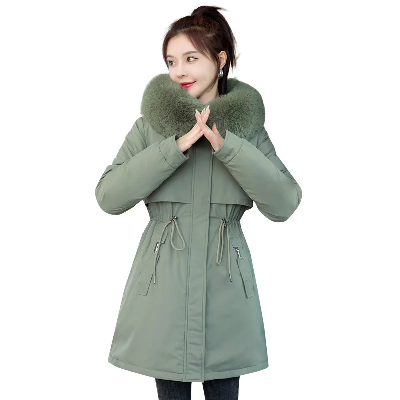 Women Hooded Parkas Coats Long Overcoat Solid Big Fur Lenth Collar Zipper Drawstring Waist Loose Thick Casual 2025 Autumn Winter