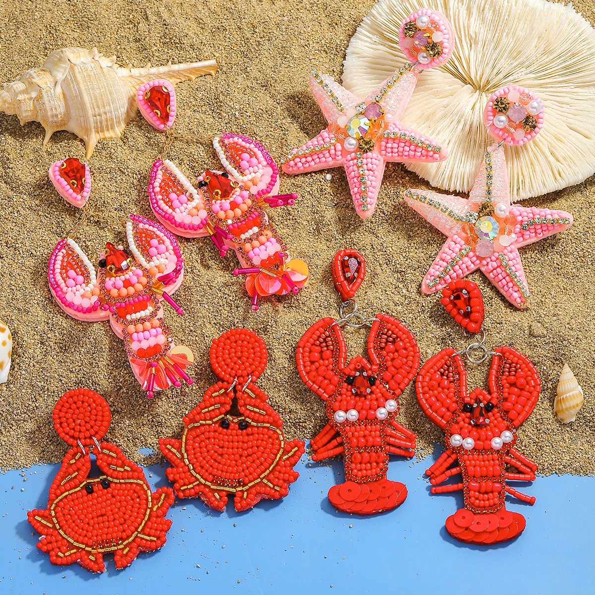 

Boho Lobster Crab Dangle Earrings For Women Trendy Handmade Beads Crystal Sea Animal Alloy Jewelry Summer Vacation Beach Wearing