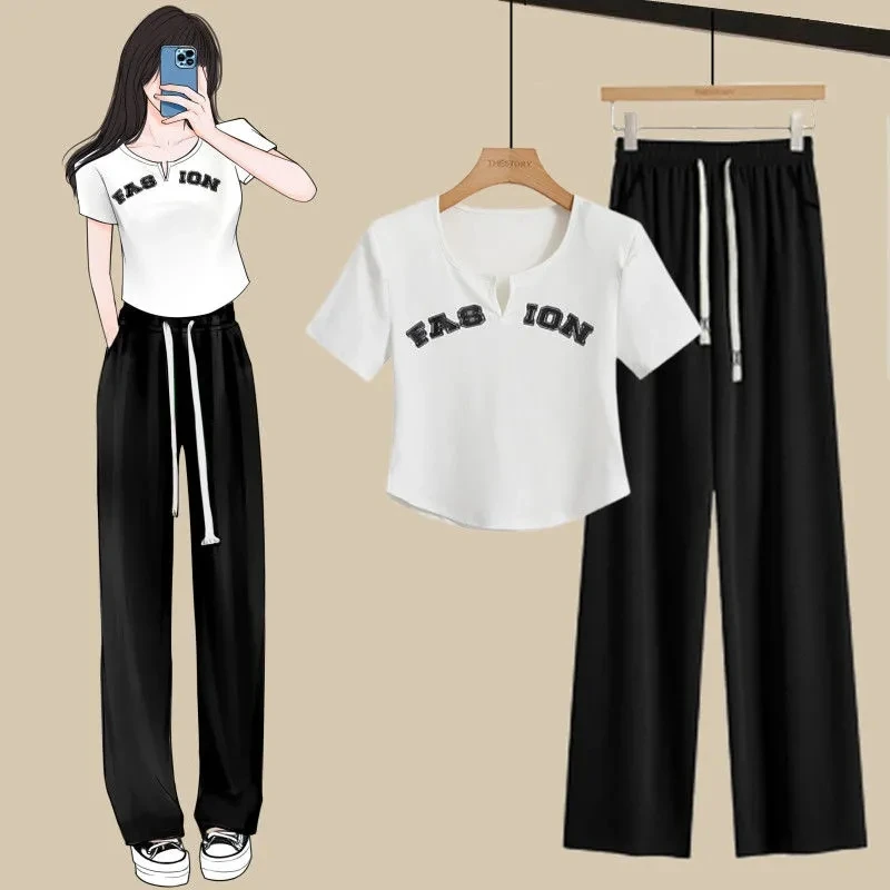 Summer Women\'s Casual Cozy Clothing Korean Lady Fashion Letter Slim T Shirt Wide Leg Pants Sets 2023 Short Sleeve Tops Trousers