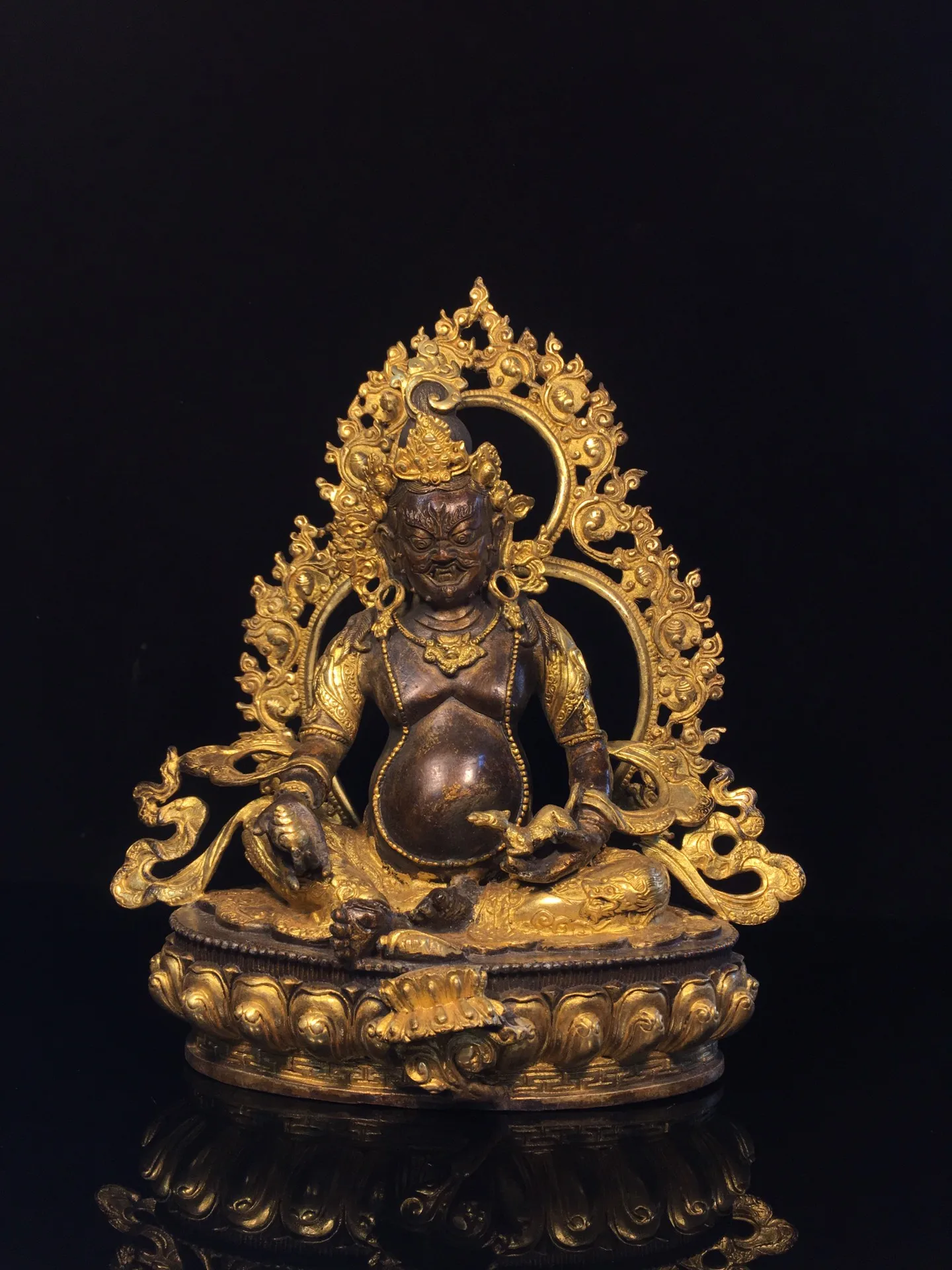 

12"Tibetan Temple Collection Old Bronze Cinnabar Mud gold Yellow Jambhala Buddha Yellow God of Wealth Buddha Worship Hall