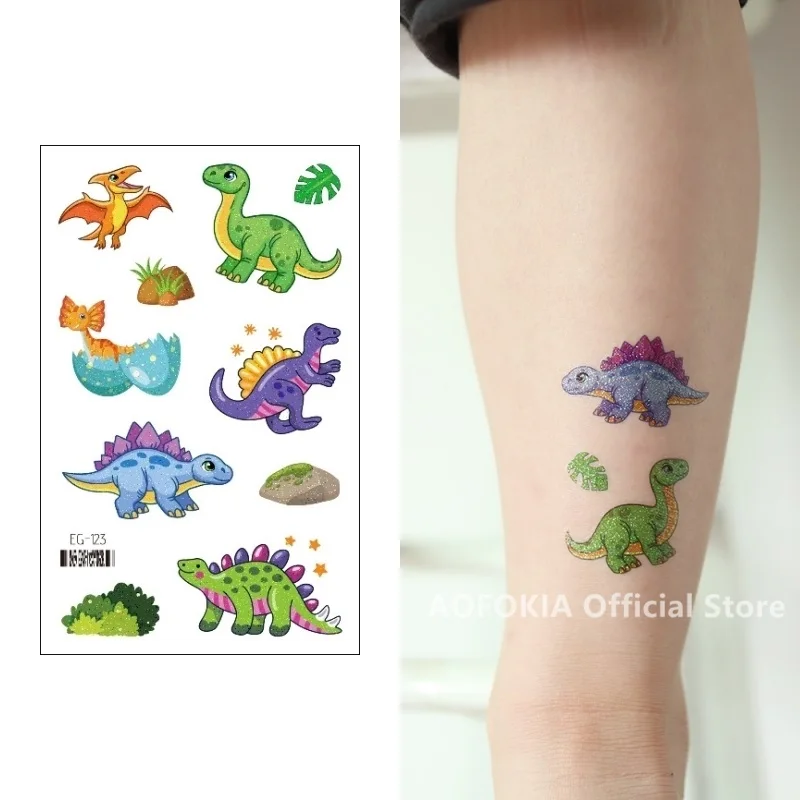 Cute Dino Glitter Temporary Tattoo Kids Cartoon Dinosaur Sticker Disposable Children Gift Party Make Up tatouage temporaire