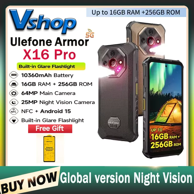 Ulefone Armor X16 Pro 5G Rugged Phone 8GB+256GB 120Hz Glare Flashlight 6.56” Android 15 MTK 6300 NFC 10360mAh Battery Smartphone