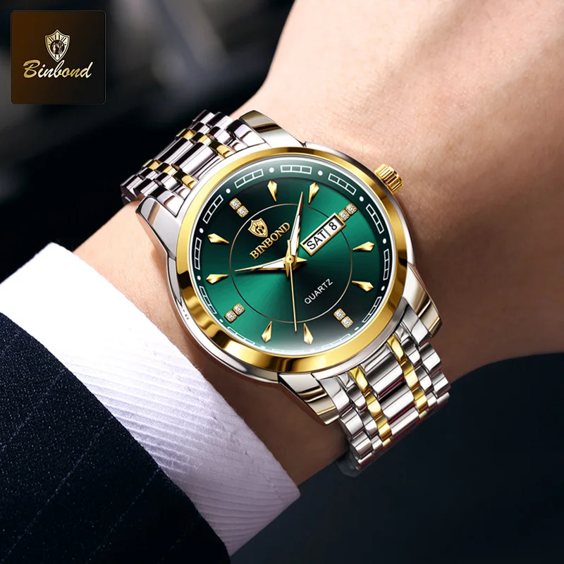 BINBOND новые роскошные деловые мужские кварцевые часы модные водонепроницаемые многофункциональные мужские часы из нержавеющей стали Relogio Masculino