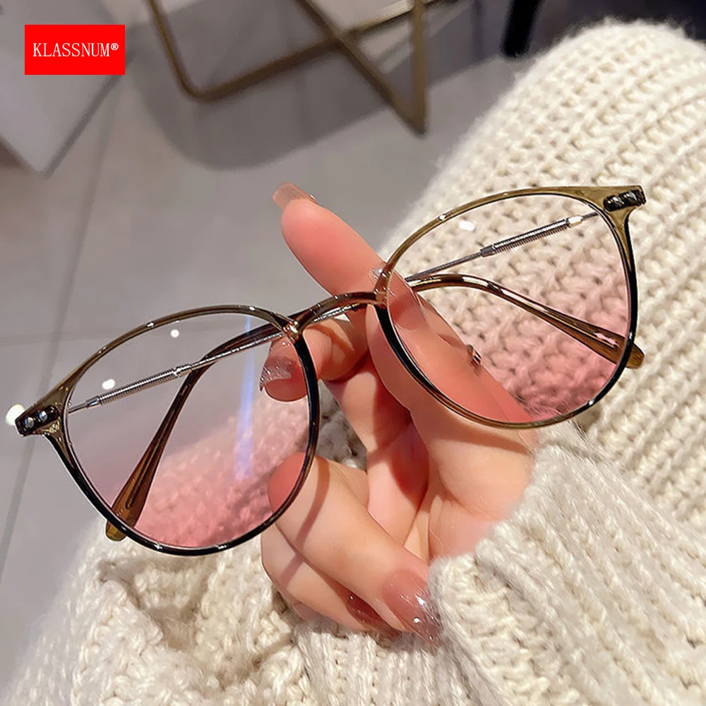 KLASSNUM Women Round Pink Blusher Decorative Glasses Anti-Blue Light  Transparent Eyepiece 2026 Trendy Girls Computer Lenses
