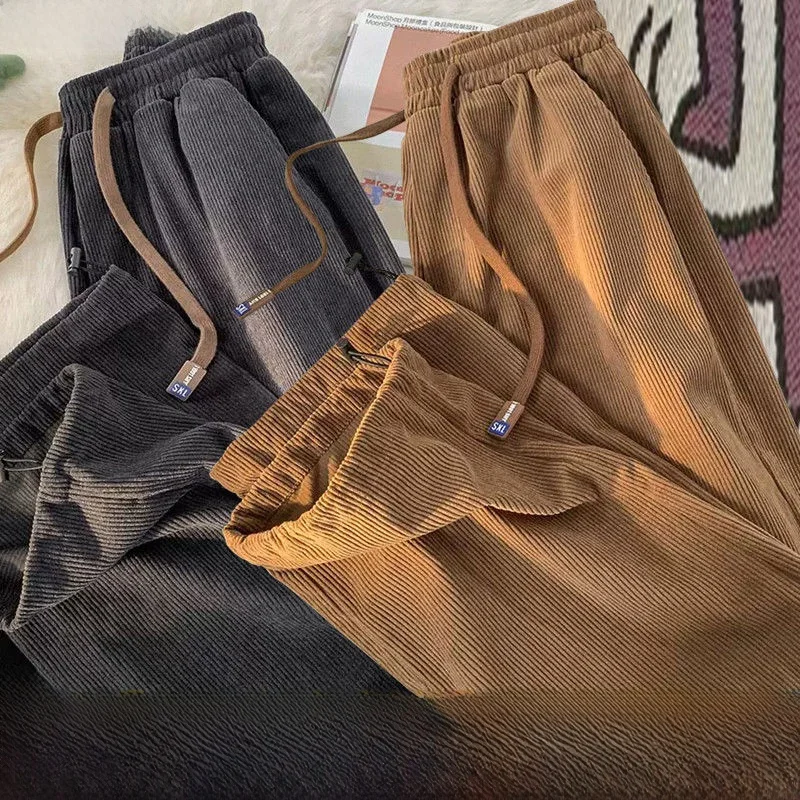 

Вельветовые повседневные брюки прямого кроя для мужчин, брюки на шнурке, универсальные свободные брюки с широкими штанинами, осенне-зимние длинные брюки