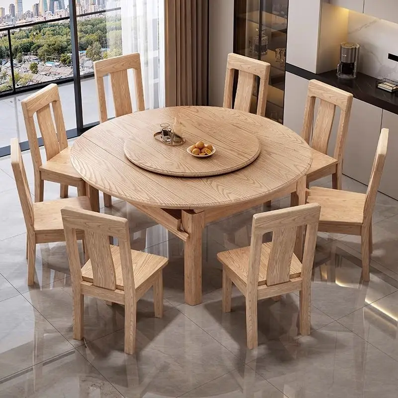 Ash wood all solid wood dining table and chair combination household telescopic square and round dual-purpose dining table