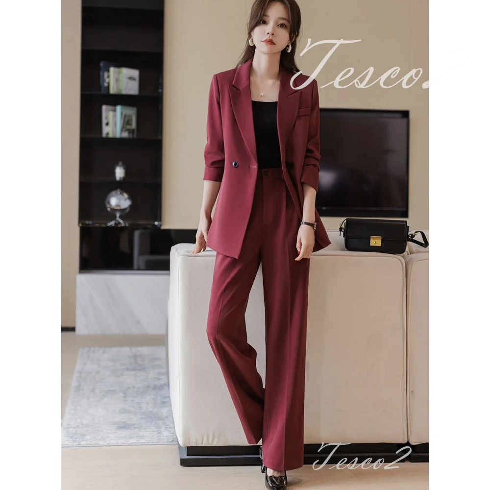 Tesco Solid Women\'s Elegant Suit Sets Notch Collar Blazer Wide Leg Pants 2 Piece Formal Pantsuit For Wedding Party Office Outfit