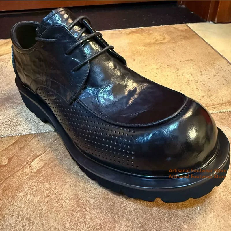 Black Leather Thick Soled Leather Shoes Hollow Out Breathable Casual Shoes Party Dress Shoes Height Increasing Men's Shoes