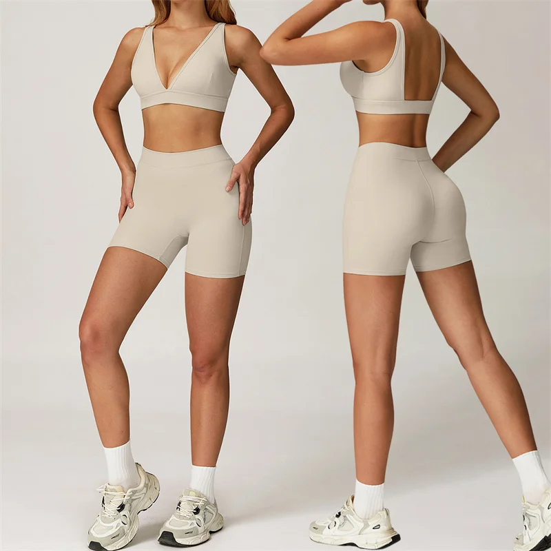 

TRY TO BN Женский спортивный костюм, спортивные шорты, комплекты для спортзала, бюстгальтер с глубоким V-образным вырезом, сексуальный топ для фитнеса и тренировок, шорты для бега, костюмы, колготки, одежда для йоги