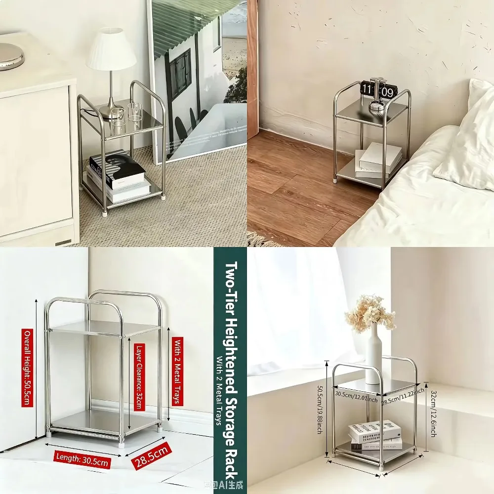 Modern Stainless Steel Side Table with Storage Silvery Bedside Table No Assembly Required Home Storage Rack Compact Design