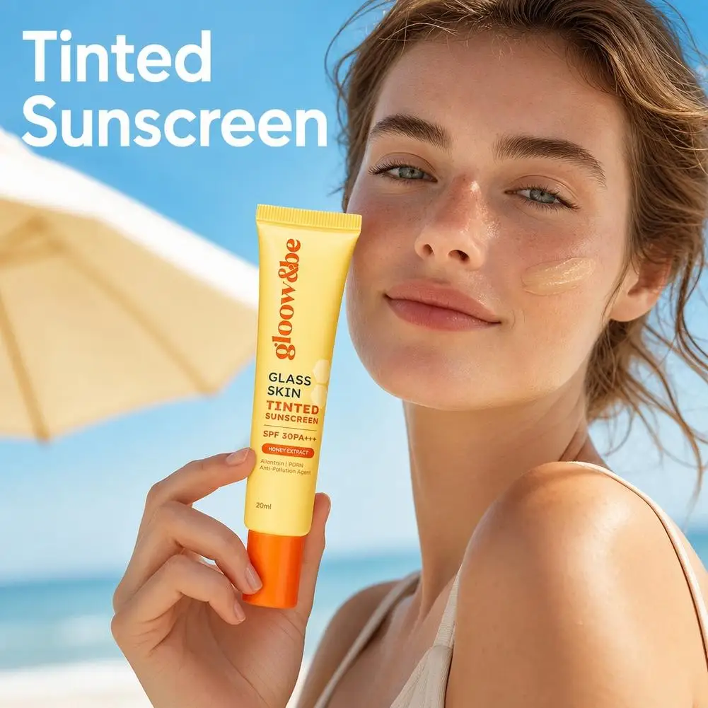 Gloow&be Glass Skin Tinted Sunscreen 20ml SPF30 PA+++ Honey Extract Lightweight Natural Coverage Facial Sun Cream