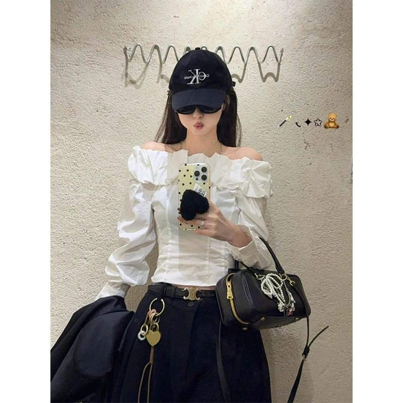 Y2K Cropped White Shirts Women Fashion Sexy Gyaru Slash Neck Folds Blouses Summer Korean Elegant Long Sleeve Slim Design Tops