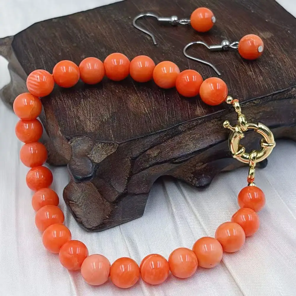 7-8mm Genuine Round Natural Bamboo Orange Coral  Stud Earrings Elastic Bracelet Woman Jewelry Set