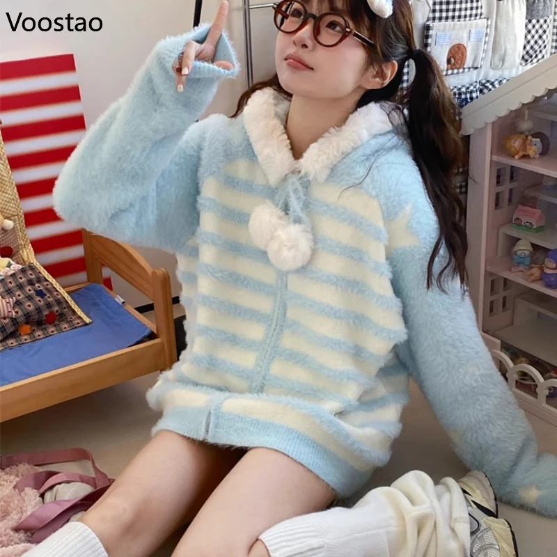 일본 카와이 로리타 스타일 니트 카디건 여성 가을 ​​겨울 달콤한 줄무늬 후드 스웨터 코트 여성 귀여운 느슨한 니트웨어