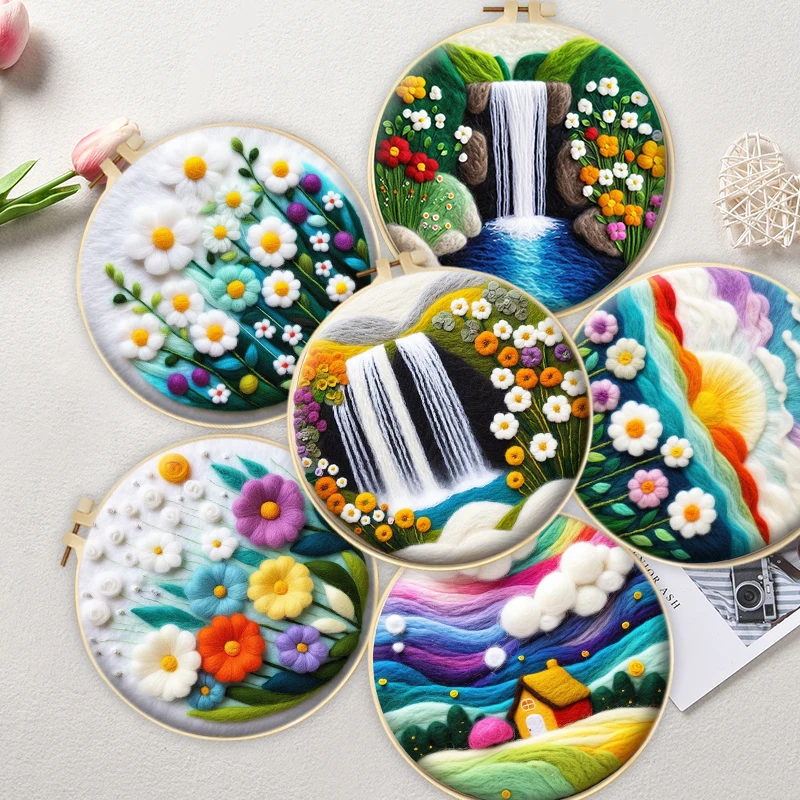 

CHENISTORY Wool Felting Painting Kit Flowers Landscape Embroidery Diy Felt Crafts Package Felt Needle For Handwork Home Decors