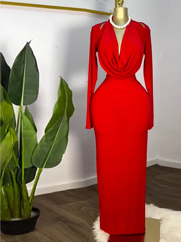 

Ele Red Dr Temperament High Waist Bodycon Gown with Ruffle Neline Long Sve All Season Fre Sle Chinese P...