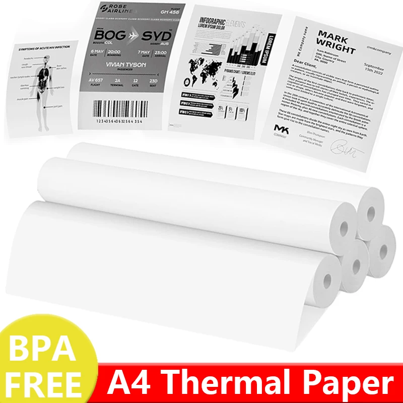 A4 Thermal Printer Papers 2/4/10 Rolls White Papers 210*30mm Compatible With A4 Portable Thermal Printer Document PDF Printing