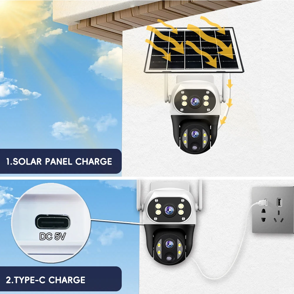 V380 Wifi Solar Camera PTZ Outdoor Auto Tracking Night Vision IP Camera Solar 8000mAh Battery Recharge 3 Screens Human Detection