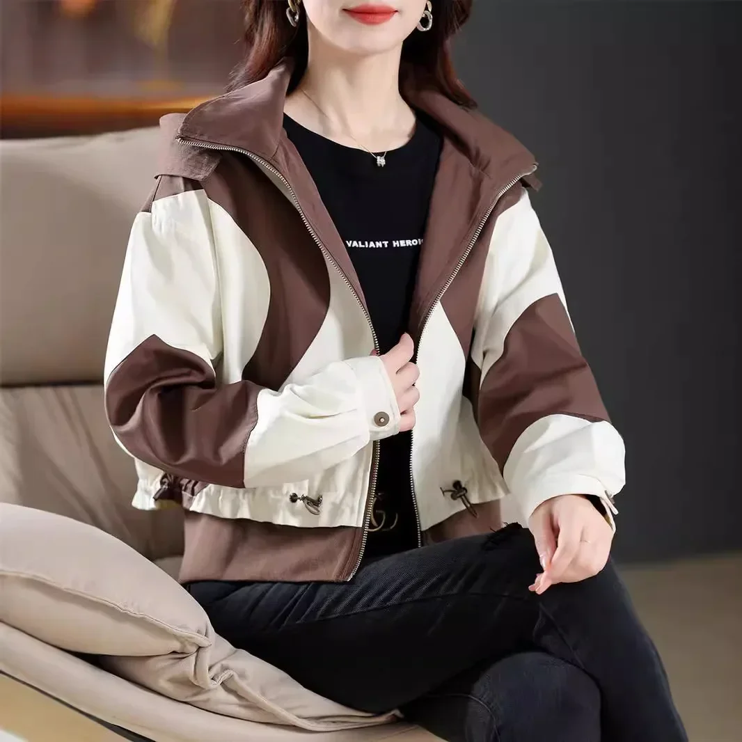 

2024 Autumn New European Style Hooded Stand Collar Cropped Versatile Fashion Sensible Jacket Color Blocking for Women