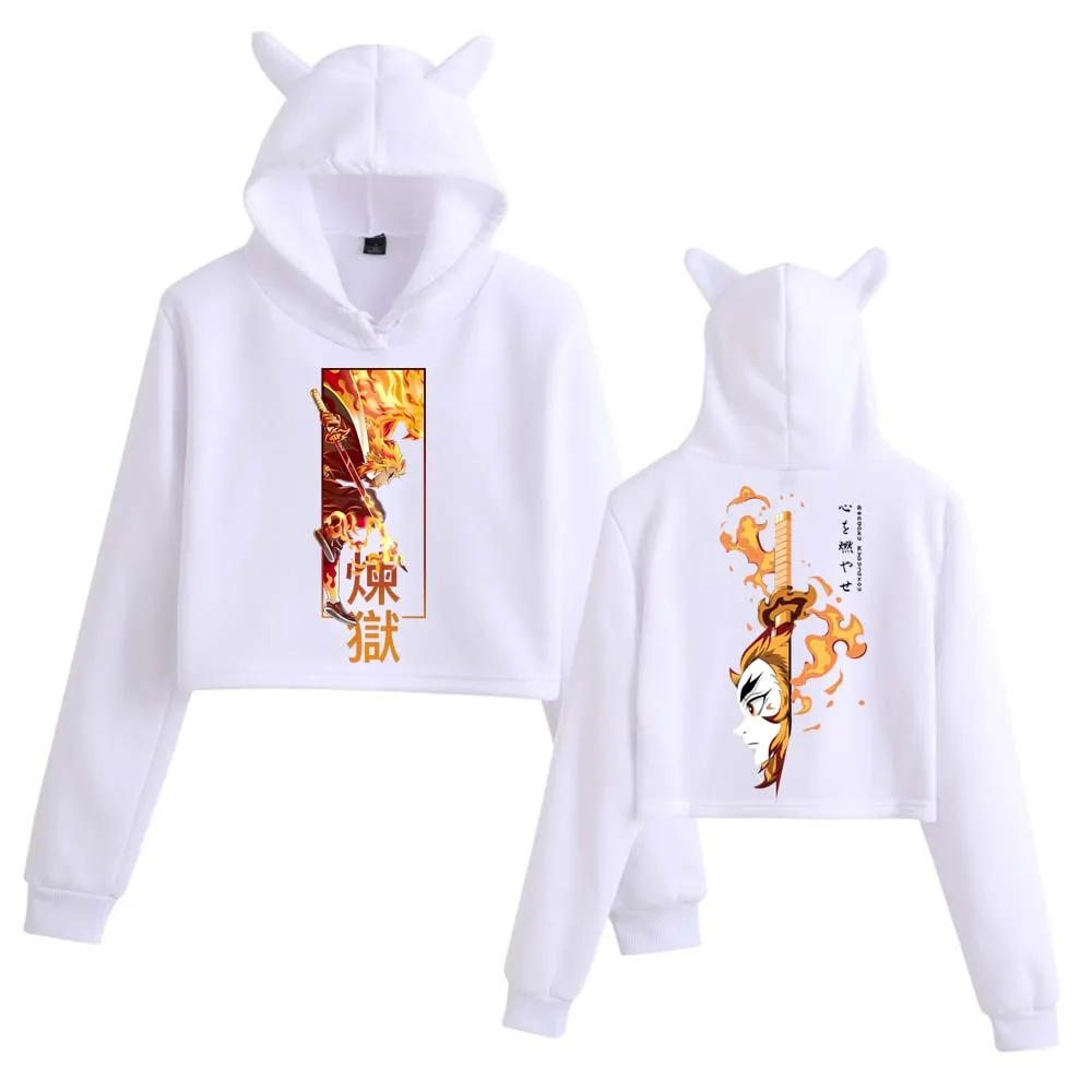 أنيمي شيطان القاتل Rengoku Kyoujurou المحاصيل قمم آذان القط البلوز طويلة الأكمام الفتيات الأزياء هوديي