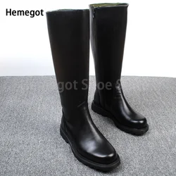 Black High Boots Side Zipper Men's Boots Round Toe High Boots High Riding Boots Long Leather Boots Stage Motorcycle Boots